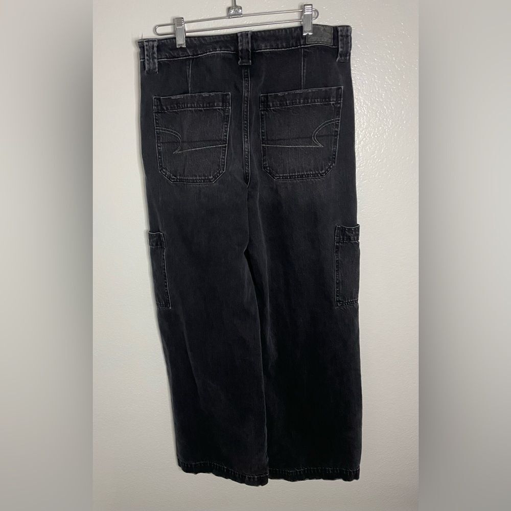 American Eagle Cargo Jeans Women 8 Black Super High Rise Baggy Wide Leg Y2K